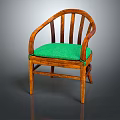 Wooden Armchair With Curved Armrests Slatted Backrest And Green Padded Seat