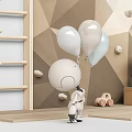Robot Dolls in Kids Play Area with Wooden Ladder Climbing Wall Geometric Pattern and Balloons
