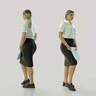Professional Woman In White Shirt And Black Skirt Holding Papers From Front And Side View 3d model