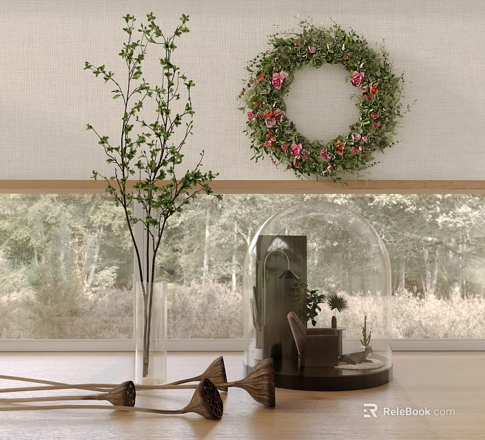 Decorative Ornament Set With Green Plants Glass Vase Flower Wreath And Glass Cloche Miniature Decor 3d model 