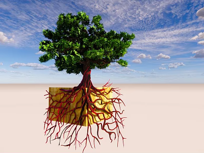 Tree with Visible Roots in Yellow Block on Light Ground Against Blue Sky White Clouds 3d model