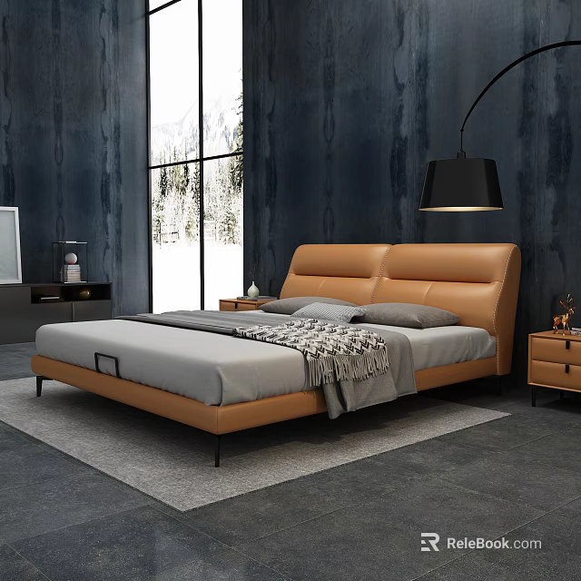 Modern Brown Leather Double Bed with Gray Bedding Large Window Snow View and Bedside Tables 3d model
