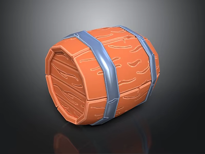 Decorative Wooden Barrel With Orange Body Blue Metal Hoops And Wood Grain Texture 3d model