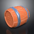 Decorative Wooden Barrel With Orange Body Blue Metal Hoops And Wood Grain Texture