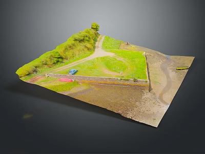 Landscape Model With Green Grass Winding Path Stone Wall Small Tree And Muddy Area 3d model