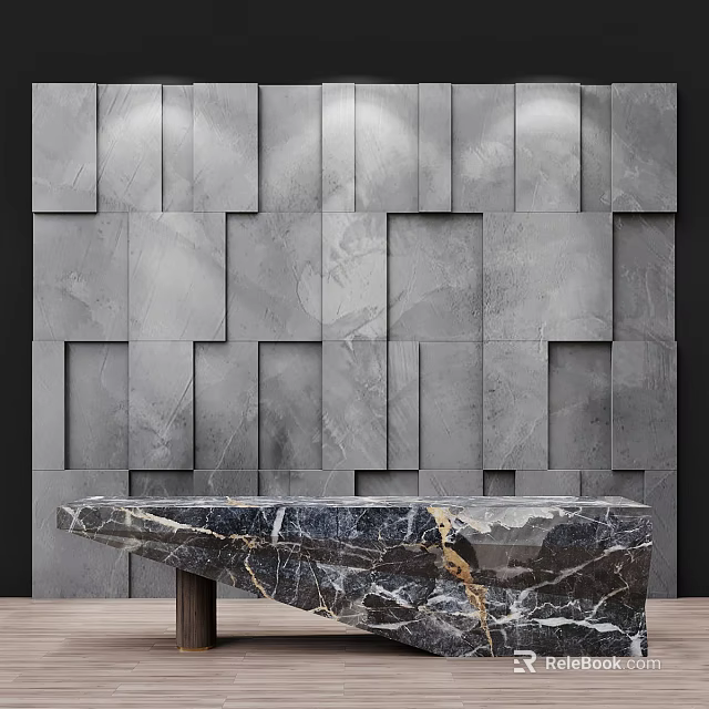 Modern Reception Desk With Gray Geometric Paneled Wall Dark Gold Veined Marble Irregular Shape Wooden Legs 3d model 