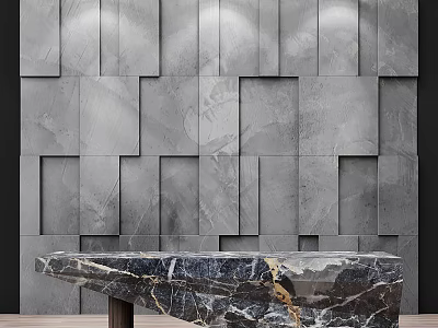 Modern Reception Desk With Gray Geometric Paneled Wall Dark Gold Veined Marble Irregular Shape Wooden Legs 3d model