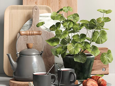 Kitchen Cookware Collection With Teapot Mugs Croissants And Wooden Cutting Boards 3d model