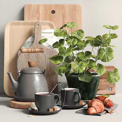 Kitchen Cookware Collection With Teapot Mugs Croissants And Wooden Cutting Boards 3d model