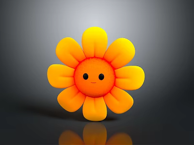 Yellow Flower with Smiling Face and Orange Petals on Gray Background with Reflection 3d model