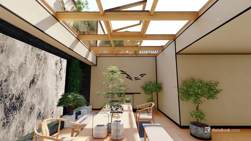 Modern Villa Balcony Design With Glass Roof Wooden Frame Green Plants And Comfortable Seating 3d model 