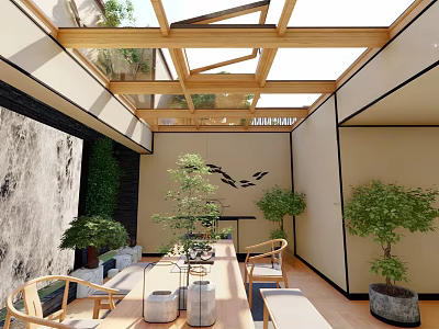 Modern Villa Balcony Design With Glass Roof Wooden Frame Green Plants And Comfortable Seating 3d model