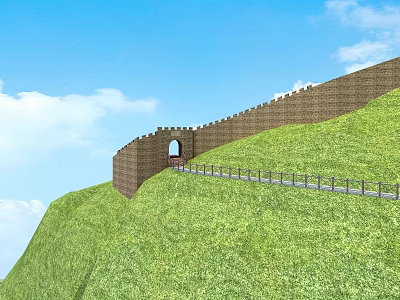 Great Wall Entrance Gate on Green Hillside With Pathway and Blue Sky 3d model