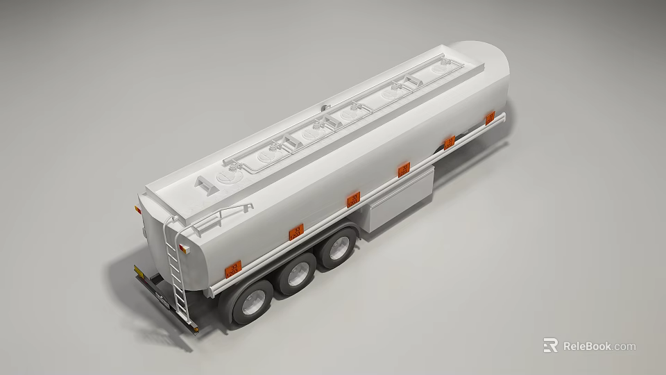 Silver Fuel Tanker Truck With Multiple Wheels Orange Reflective Strips And Ladder 3d model 