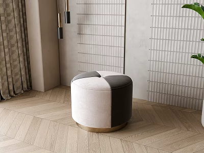 Modern Beige And Gray Upholstered Ottoman With Circular Design Golden Metal Base In Living Room Interior 3d model