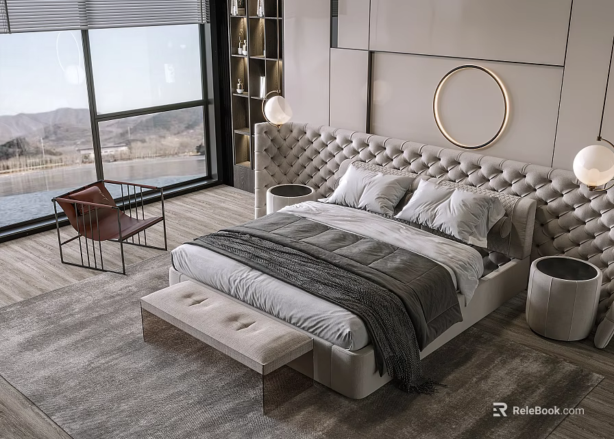 Modern Bedroom Double Bed With Upholstered Headboard Round Mirror Floor to Ceiling Window Gray Rug Wooden Floor Bench 3d model 