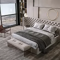 Modern Bedroom Double Bed With Upholstered Headboard Round Mirror Floor to Ceiling Window Gray Rug Wooden Floor Bench