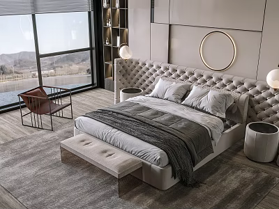 Modern Bedroom Double Bed With Upholstered Headboard Round Mirror Floor to Ceiling Window Gray Rug Wooden Floor Bench 3d model