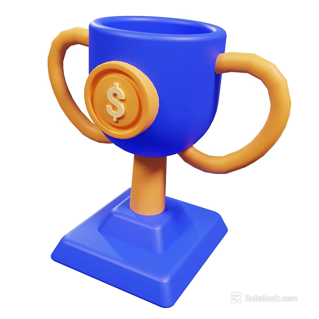 Blue Trophy With Orange Handles And Dollar Sign Emblem On Base 3d model 