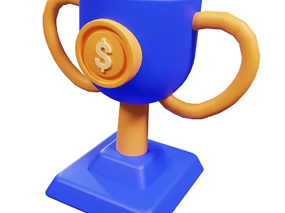 Blue Trophy With Orange Handles And Dollar Sign Emblem On Base 3d model