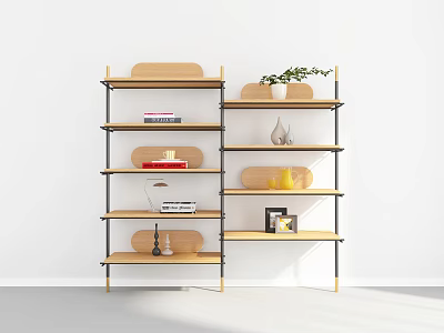 Modern Bookshelf With Wooden Shelves Metal Frame Books Plants And Decorative Items 3d model