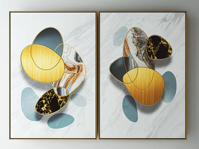 Modern Abstract Wall Art With Golden Frame Marble Background And Geometric Shapes 3d model