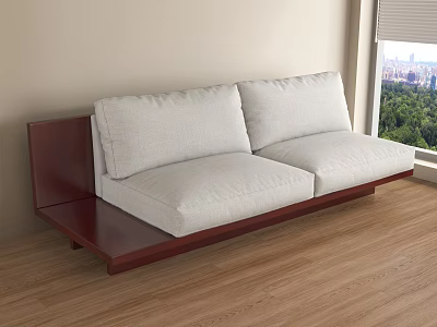 Modern Sofa With Wooden Base And White Cushions By Window On Wooden Floor 3d model