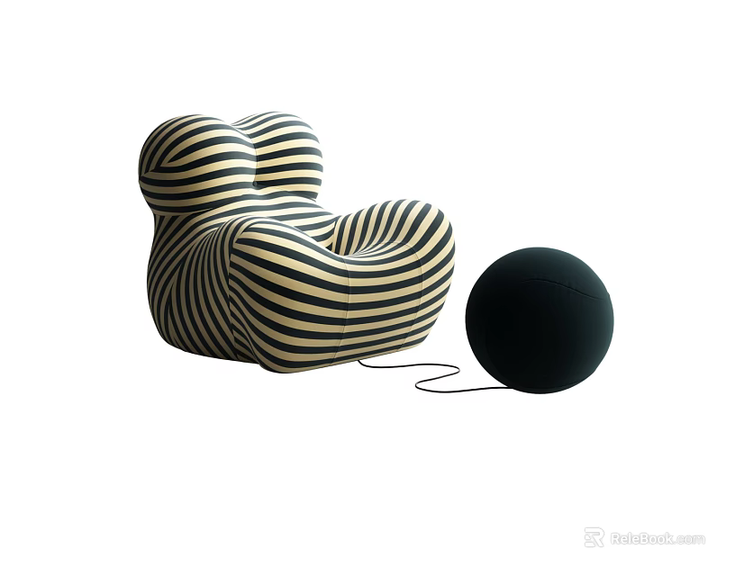 Modern Black And White Striped Single Sofa With Round Black Decorative Ball 3d model 