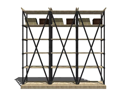 Sturdy Multi tier Display Shelf with Wooden Layers and Metal Support Frames 3d model