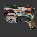 Futuristic Sci Fi Pistol With White Blue Orange Accents And Wooden Grip Design