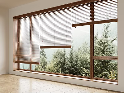 Wooden Window Blinds In Bright Room With Large Window And Green Trees View 3d model