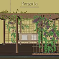 Pergola With Wooden Structure Green Vines Purple Grapes Bench And Yellow Wall Background