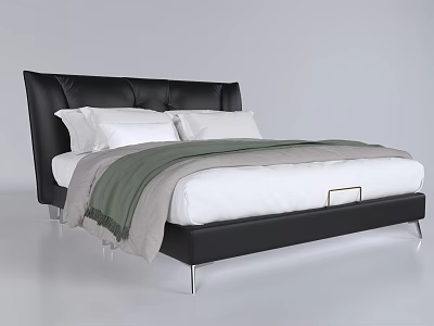 Modern Double Bed Design With Black Leather Headboard White Pillows And Green Blanket 3d model