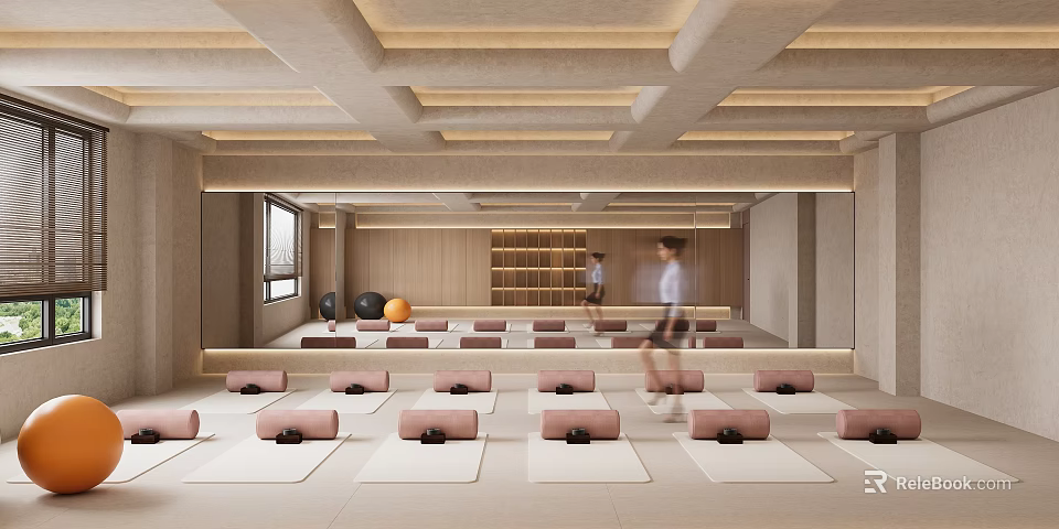 Modern Yoga Studio With Mats Bolsters And Natural Light 3d model 
