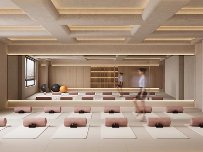 Modern Yoga Studio With Mats Bolsters And Natural Light 3d model
