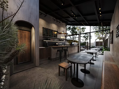 Stylish Modern Café Interior With Open Layout Bar Counter Wooden Tables And Green Plants 3d model