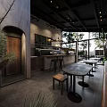 Stylish Modern Café Interior With Open Layout Bar Counter Wooden Tables And Green Plants
