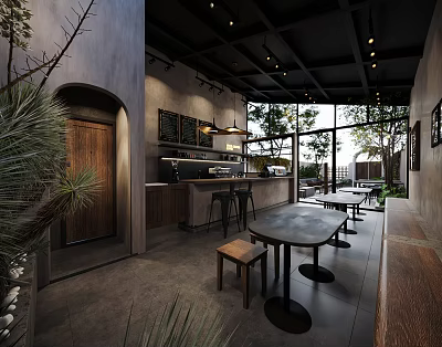 Stylish Modern Café Interior With Open Layout Bar Counter Wooden Tables And Green Plants 3d model