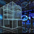Modern Data Center Interior With Server Racks And Blue Digital Grid Background 3d model