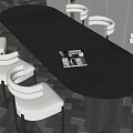 Black Oval Dining Table Set with White Curved Chairs Cylindrical Legs Books Glasses Grey Floor White Wall