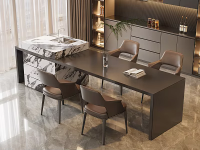 Elegant Modern Kitchen Dining Set With Black Table Brown Chairs Marble Island And Cabinets 3d model
