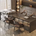 Elegant Modern Kitchen Dining Set With Black Table Brown Chairs Marble Island And Cabinets