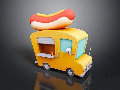 Yellow Mobile Food Truck With Large Hot Dog On Roof For Street Food Service 3d model