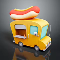 Yellow Mobile Food Truck With Large Hot Dog On Roof For Street Food Service