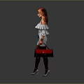 Woman in off-shoulder gray dress with ruffle details wearing stockings holding handbag against gray background