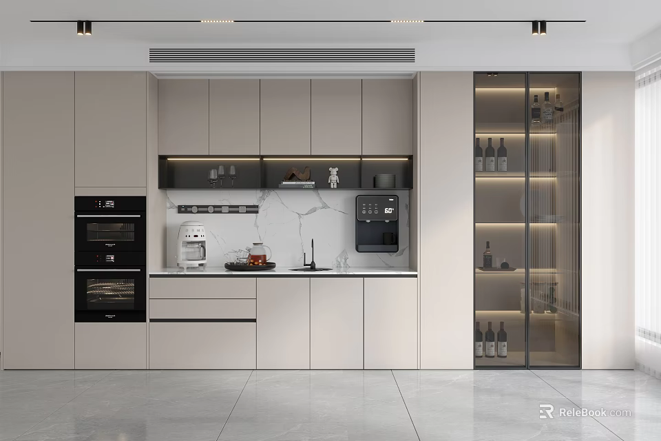 Modern Kitchen Interior With Glass Door Wine Cabinet And Storage Cabinets 3d model 