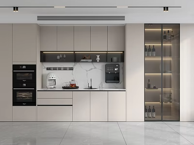 Modern Kitchen Interior With Glass Door Wine Cabinet And Storage Cabinets 3d model