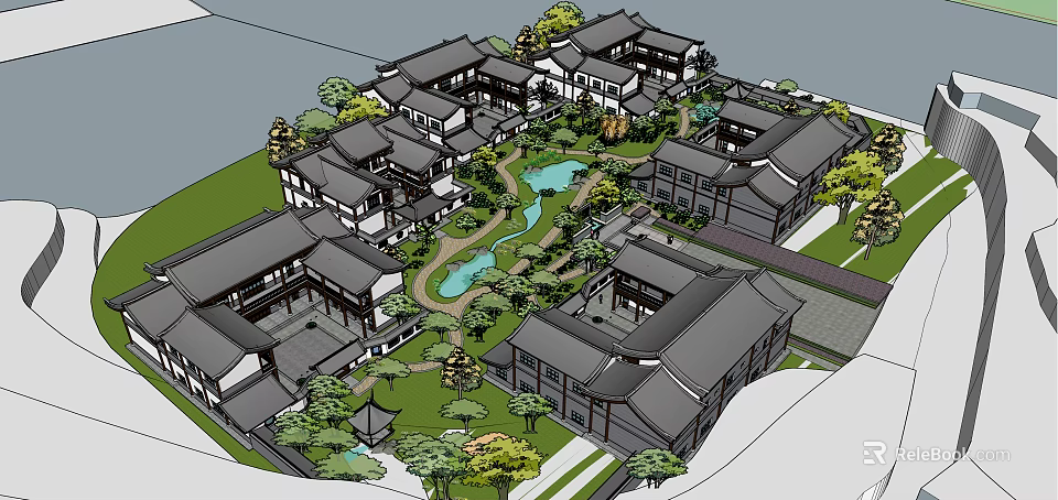 Traditional Chinese Ancient Architecture Complex With Central Courtyard Pond Greenery And Classic Roofs 3d model 