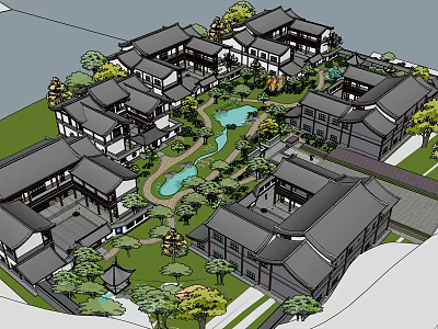 Traditional Chinese Ancient Architecture Complex With Central Courtyard Pond Greenery And Classic Roofs 3d model