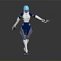 Futuristic Game Movie Character With Blue Hair White And Blue Outfit Holding Guns